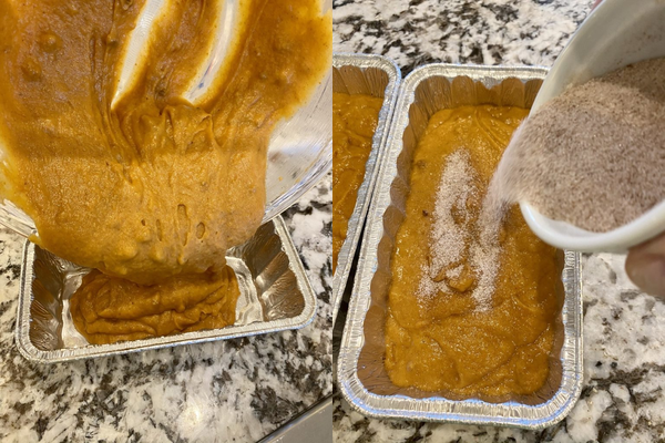adding cinnamon to the pumpkin bread
